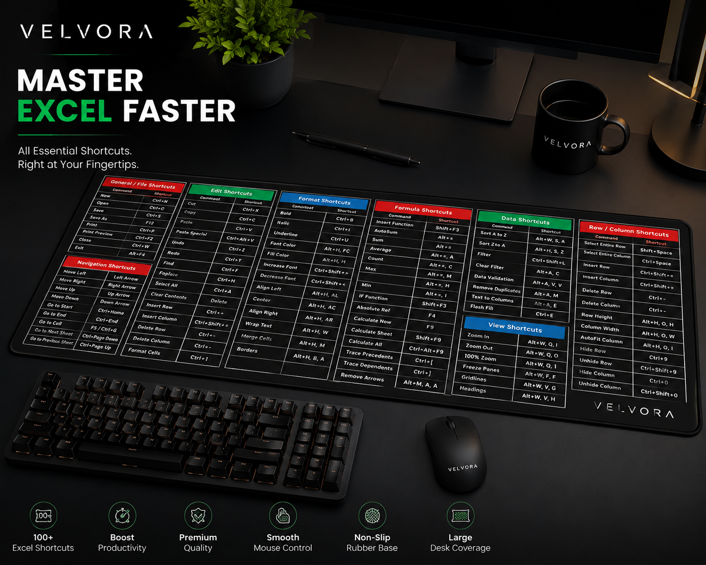 Anti Slip Desk Mat With Excel, Auto cad & Photoshop Shortcut keys