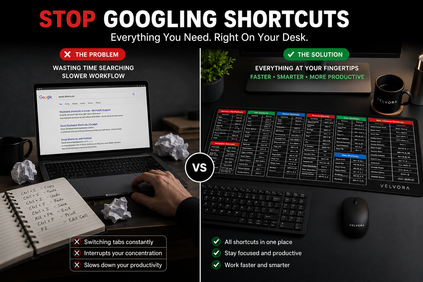 Anti Slip Desk Mat With Excel, Auto cad & Photoshop Shortcut keys